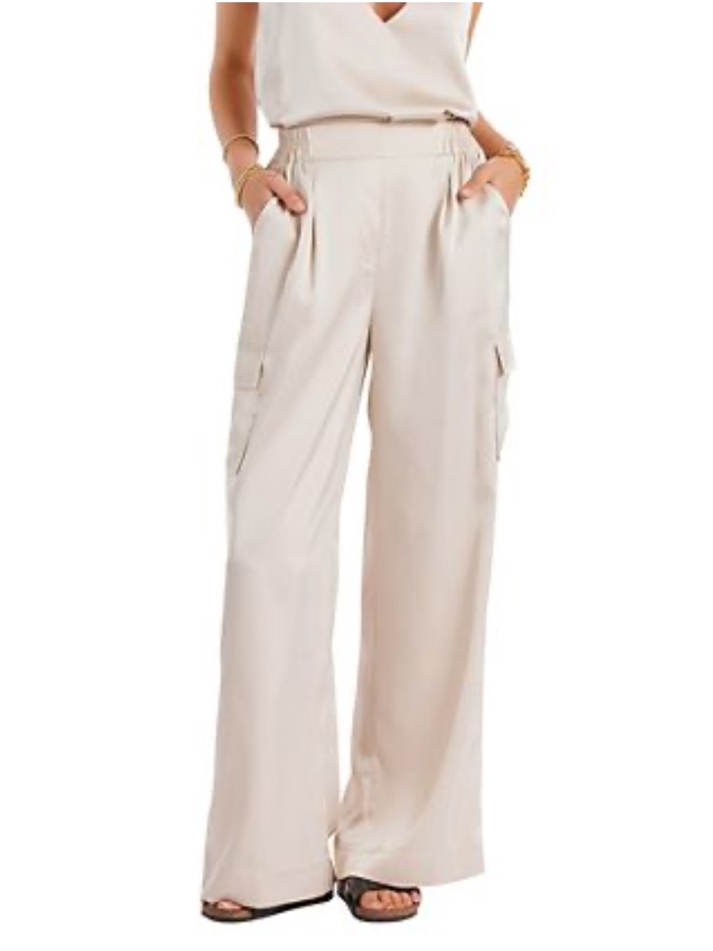 Anthropologie Bishop+Young Straight Beige Cream Pocket Dress Pant Preppy L Satin